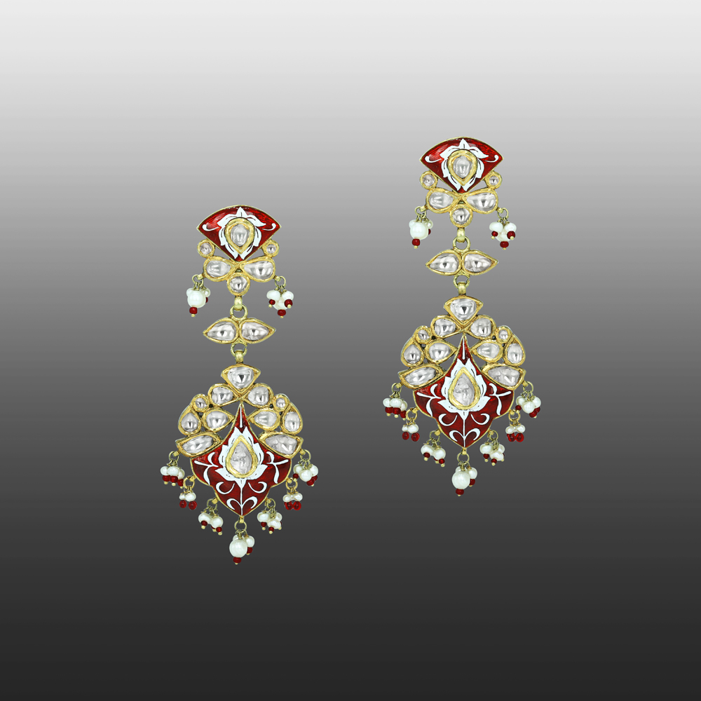 Polki Earrings with Red Enamel and Pearl Cascades